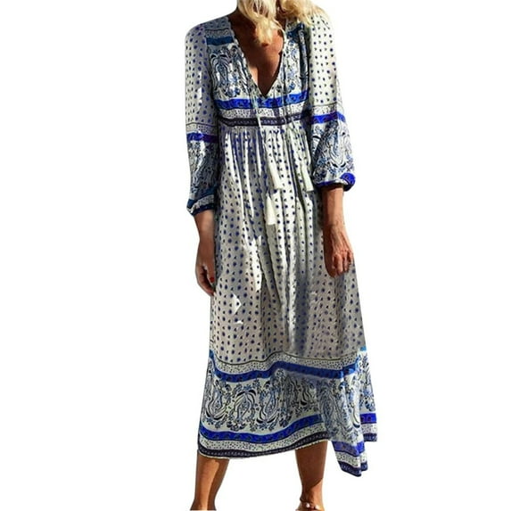 2025 Clearance! 50% Off Clear! asdoklhq Womens Maxi Dress Under $10,Women Casual Diurnal Boho V-Neck Floral Printed Holiday Long Dress