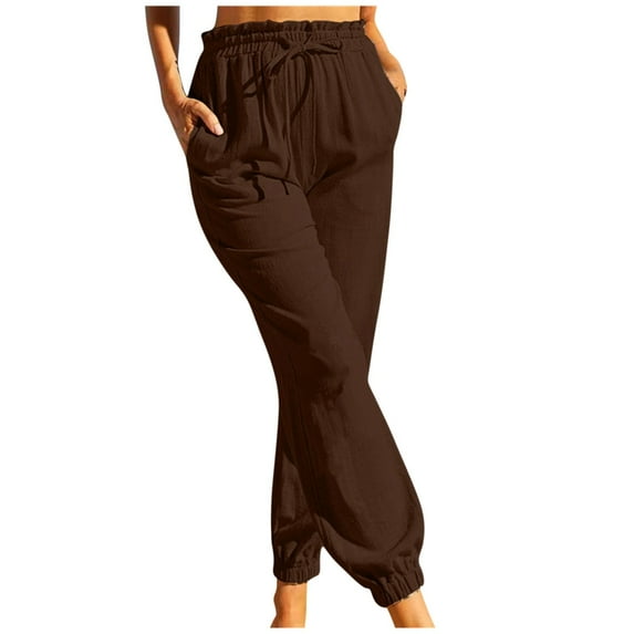 2025 Clearance! 50% Off Clear! asdoklhq Womens Plus Capris,Women's Casual Solid Color Elastic Cotton and Linen Trousers Pants