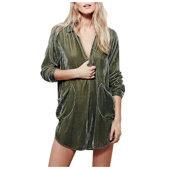 2025 Clearance! 50% Off Clear! asdoklhq Womens Plus Size Clearance Dresses, Jacket Women V-neck Loose Long-Sleeved Pocket Gold Velvet Shirt Dress