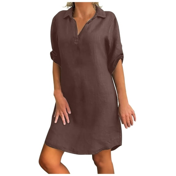 2025 Clearance! 50% Off Clear! asdoklhq Womens Plus Size Clearance Dresses, Women Plus Size Solid Cotton Linen Turn Down Collar Loose Shirt Dress