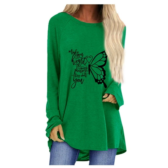 2025 Clearance! 50% Off Clear! asdoklhq Womens Plus Size Tops Clearance,Casual Butterfly Plaid Print Full Round Neck Loose Tops Blouse