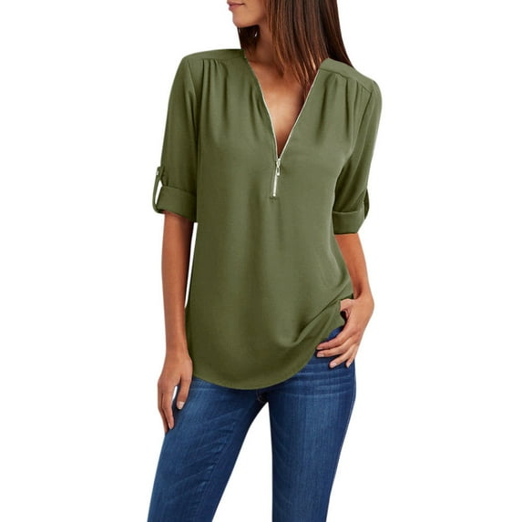 2025 Clearance! 50% Off Clear! asdoklhq Womens Plus Size Tops Clearance,Women Ladies Zipper Button Long Sleeves Loose Chiffon Shirt Clothing