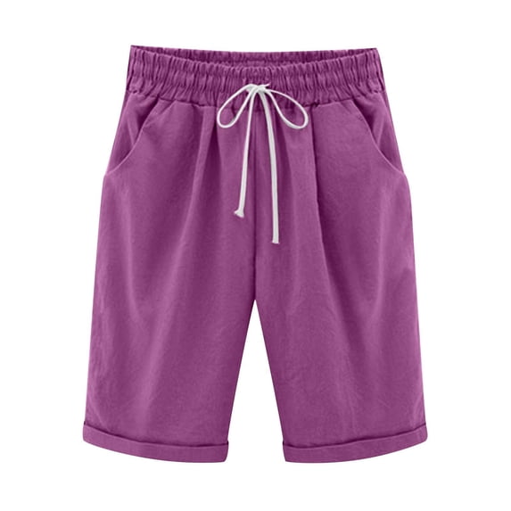 2025 Clearance! Clearance under $5 JINMGG Shorts for Women Clearance $5 Women's Summer Solid Five Points Large Size Cotton Linen Pants Casual Pants Purple L