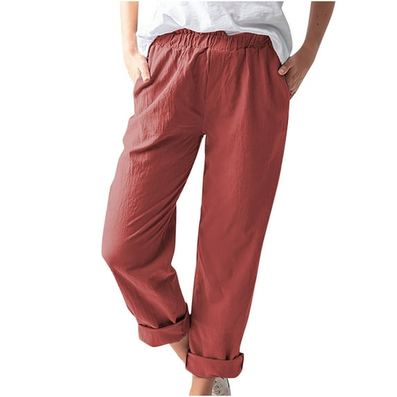 2026 ! under $5 JINMGG Womens Plus Size $5 Women Casual Solid Color Pockets Elastic Waist Comfortable Straight Pants Red XXXL