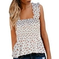 thumbnail image 1 of 2025 Clearance! Clearance under $5 asdoklhq Juniors Plus Tops & T-Shirts,Women Casual Tank Tops Frill Smocked Crop Top Tie Shoulder Strap Vest Slim Fit Blouse, 1 of 5