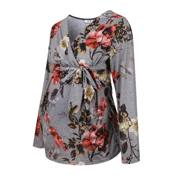 2026 ! under $5 asdoklhq Maternity Clothes for Women,Autumn Maternity V-neck Flowers Printing Long Sleeve Housewear Pregnant Tops