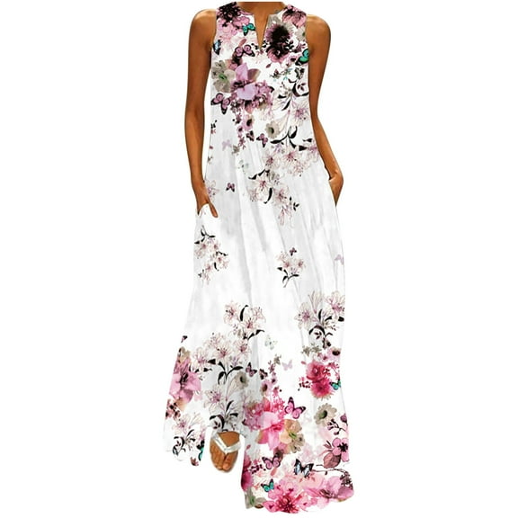 2026 ! under $5 asdoklhq Womens Plus Size Dresses,Women's Casual Long Dress With Striped Floral Print Sleeveless Maxi Dress