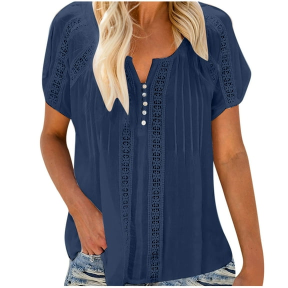 2026 ! under $5 asdoklhq Womens Plus Size Tops,Women Solid V-Neck Lace Crochet Eyelet Short Sleeve Casual Shirts Blouses Tops