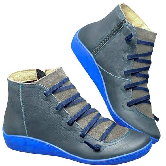 2025 Clearance! Clearance under $5 asdoklhq Cowboy Boots for Women,Women Casual Flat Leather Retro Lace-Up Boots Side Zipper Plus Shoe Boots