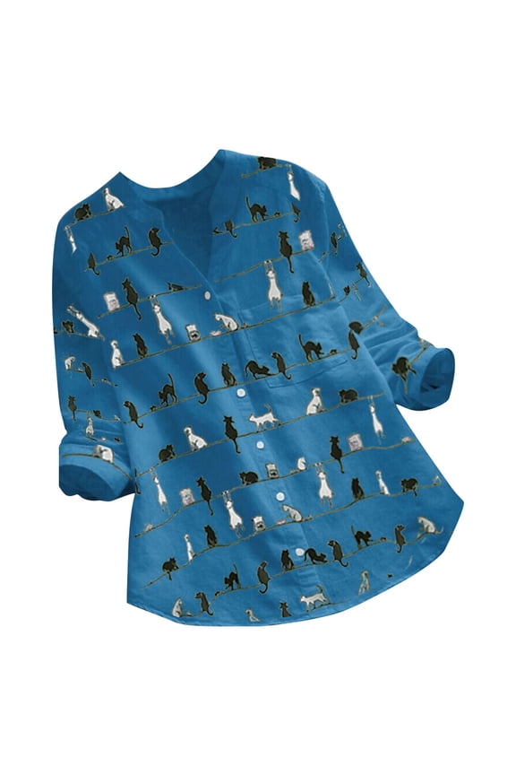 2026 ! under $5 asdoklhq Womens Plus Size $5,Women Casual Cat Print Long Sleeve V-Neck Button Loose Shirt Top Blouse