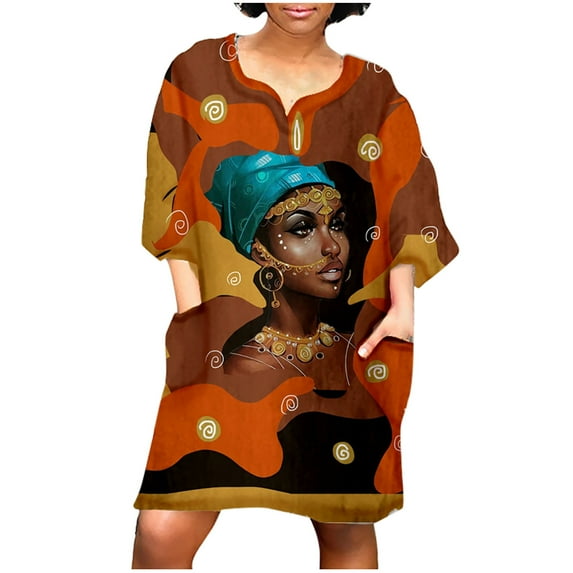 2026 ! under $5 asdoklhq Womens Plus Size Dresses,Women African Vintage Print Middle Sleeve V Neck Casual Mini Dress