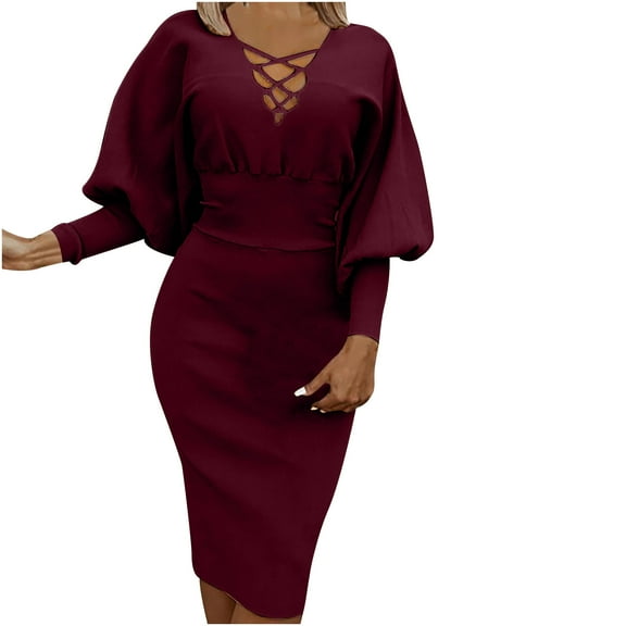 2026 ! under $5 asdoklhq Womens Plus Size Dresses,Women Casual Slim Solid Color V-Neck Long Sleeve Hollow Out Dress