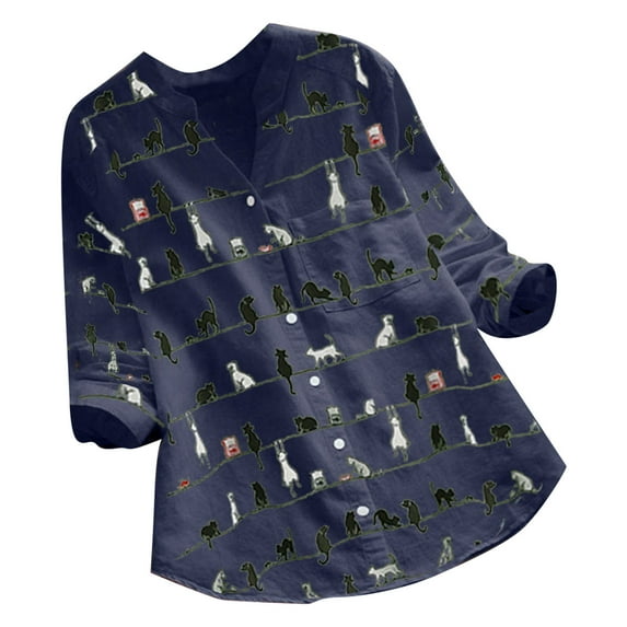 2025 Clearance! Clearance under $5 asdoklhq Womens Plus Size Clearance Tops,Women Casual Cat Print Long Sleeve V-Neck Button Loose Shirt Top Blouse