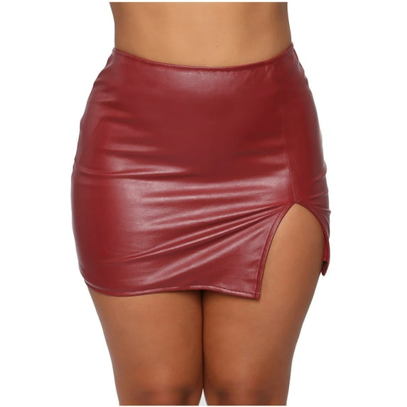 2026 ! under $5 asdoklhq Womens Plus Size Tops Fashion Women's Pure Color PU-leather Zipper Hip Leather Skirt