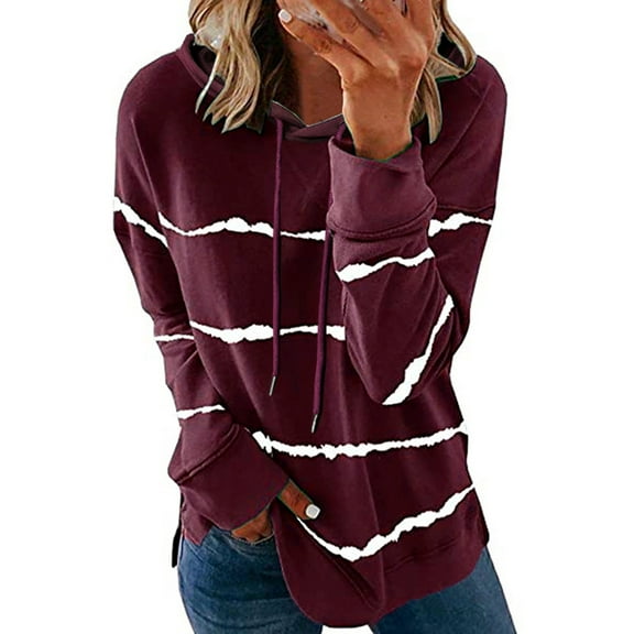 2026 ! under $5 asdoklhq Womens Plus Size Tops,Women's Casual Stripe Print Hooded Long Sleeve Loose T Shirt Tops
