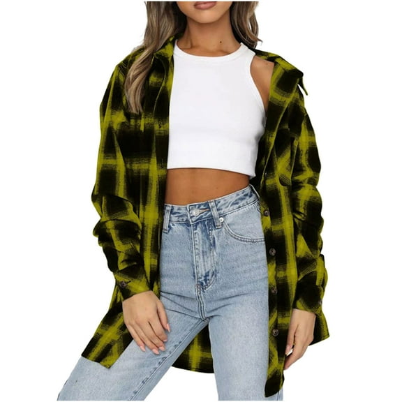 2026 ! Clothes under $5 asdoklhq Coats Under $10.00 Plus Size,Women's Spring And Autumn Lapel Top Loose Casual Buttoned Long Sleeve Plaid Shirt Jacket