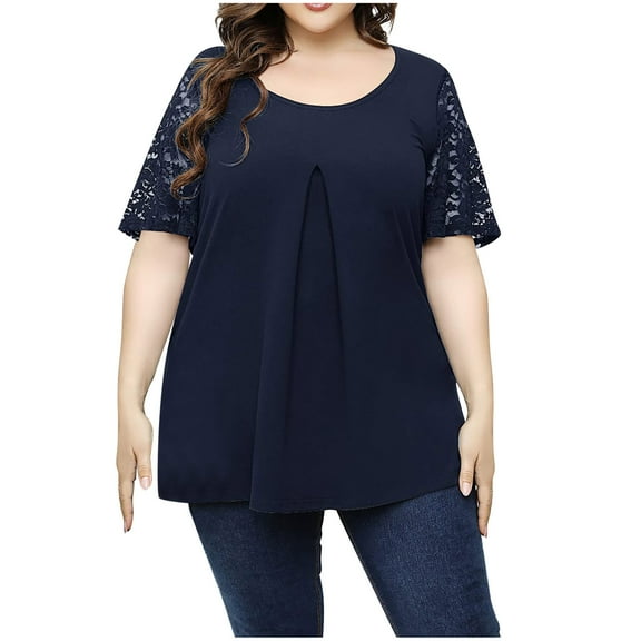 2026 ! Clothes under $5 asdoklhq Womens Plus Size Tops Woman Causal Round Neck Solid Blouse Lace Short SleeveT-Shirt Summer Plus Size Tops