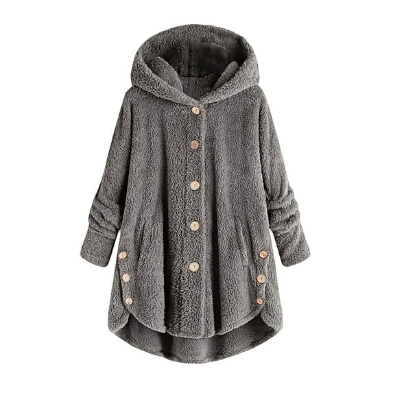 2025 Clearance! Clothes under $5 asdoklhq Womens Plus size Clearance Women Plus Size Button Plush Tops Hooded Loose Cardigan Wool Coat Winter Jacket NewA-Dark Gray XL