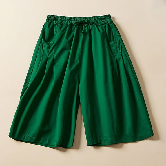 2025 Clearance Clothes LEBONYARD Women's Linen Pull-On Shorts,Women's Casual Solid Color Loose Leg Pants with Elastic Waist and Five Point Shorts Green L