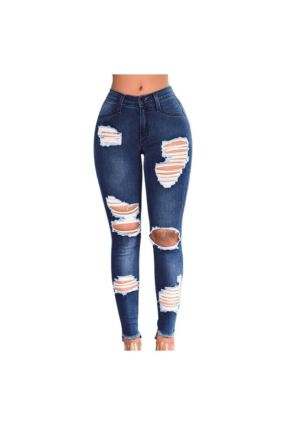 2025 Clearance! Clothes under $5 asdoklhq Plus Size Pants for Women,Slim Plus Size Ripped Hole Gradient Long Jeans Denim Regular Pants