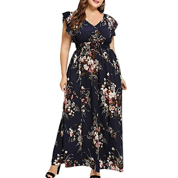 2026 ! Clothes under $5 asdoklhq Womens Plus Size DressesPlus Size Summer V Neck Floral Print Boho Sleeveless Party Maxi Dress