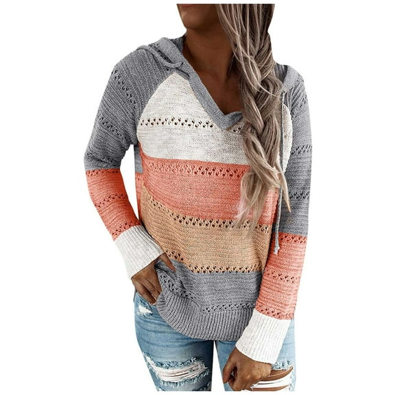 2026 ! Clothes under $5 asdoklhq Womens Plus Size Fashion Women Casual Patchwork V-Neck Long Sleeves Hooded Sweater Blouse Tops