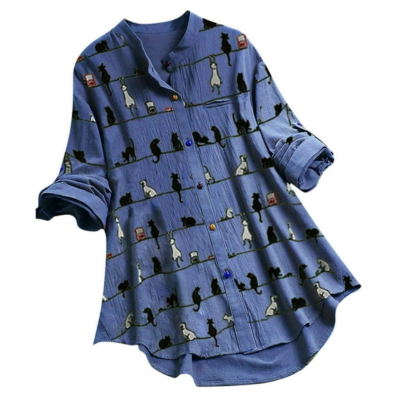 2026 ! Clothes under $5 asdoklhq Womens Plus Size Tops,Women Casual Cat Print Long Sleeve O-Neck Button Loose Shirt Top Blouse