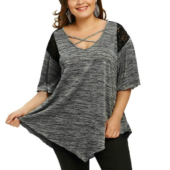 2026 ! Clothes under $5 asdoklhq Womens Plus Size Tops, Womens Plus Size Flare Lace Asymmetrical Tunic T-Shirt Tops