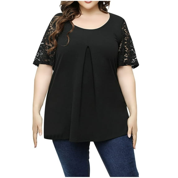 2026 ! Clothes under $5 asdoklhq Womens Plus Size Tops, Woman Causal Round Neck Solid Blouse Lace Short SleeveT-Shirt Summer Plus Size Tops
