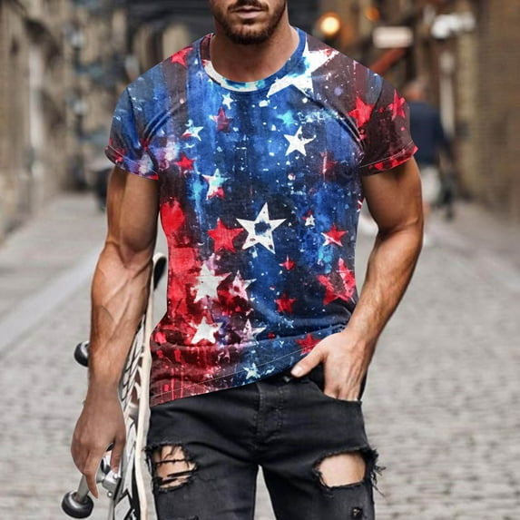 Black*Friday Deals Clearance GaThRRgYP Summer Tops,Mens Tops Short Sleeve Blouse,Men's Independence Day Printed Round Neck Short Sleeved Top/Shirt Multicolor XXXL