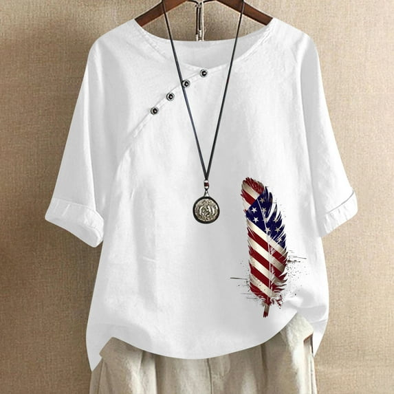GaThRRgYP Summer Tops,Womens Tops under $10,Women's Cotton and Linen Printed T-shirt for Slimming and Personality Printing Top for Women's Clothing White L