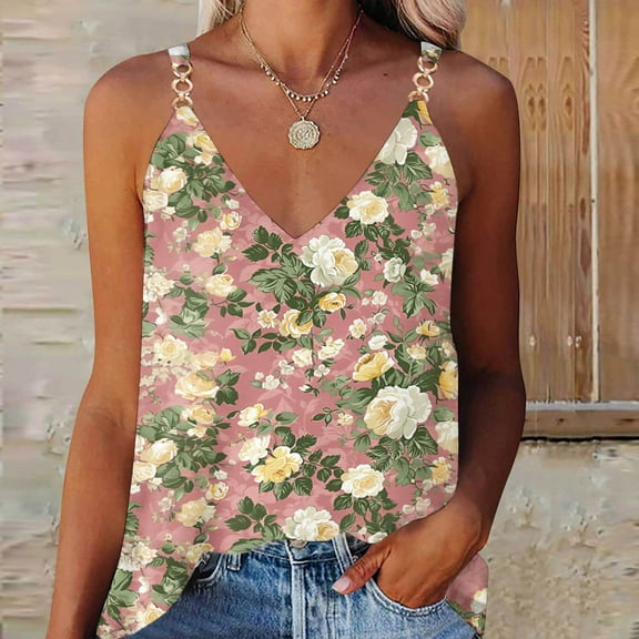 GaThRRgYP Womens Plus Size $5,Women's Summer Casual Sleeveless Floral Printing Blouse V-Neck T-Shirt Pink XXL