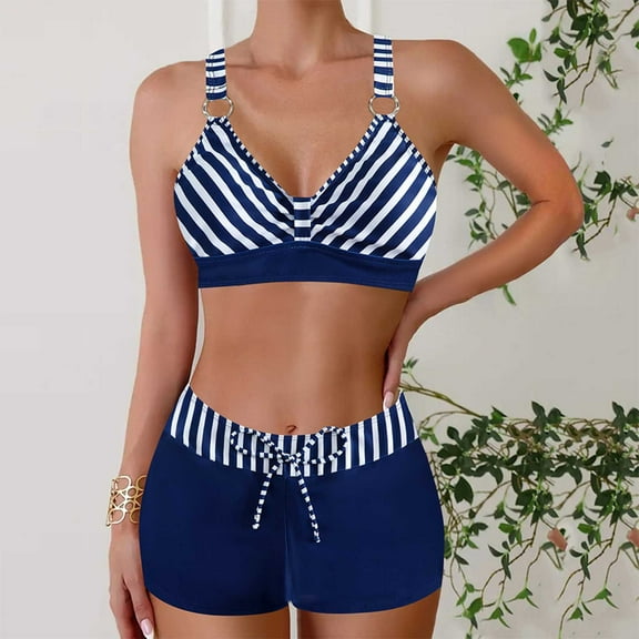 2025 Clearance Items under $5.00 LEBONYARD Women's Fashionable Two-Piece Swimsuit for Beach Fun,Women Summer Plus Size Printing Swimsuit Bikini Split Swimsuit Suit Dark Blue S