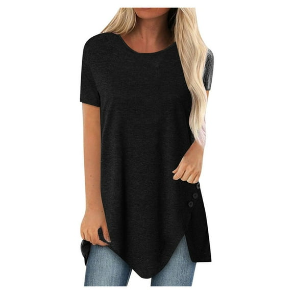 2026 Items under $5 asdoklhq 2026 Womens Plus Size Women Plus Size Button Solid Round Neck Short Sleeve Irregular T-Shirt Blouse Tops Black XXXL