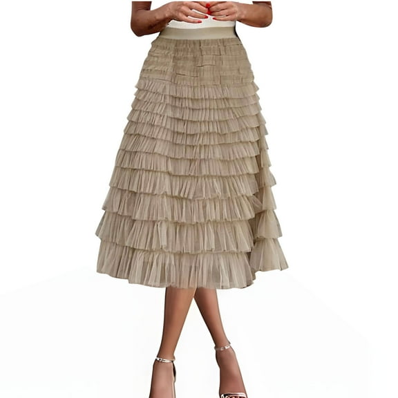2025 Clearance Items under $5.00 LEBONYARD Elegant Satin Skirt for Special Occasions,Women Fashionable Solid Color Commuting Mesh Cake Skirt Khaki M