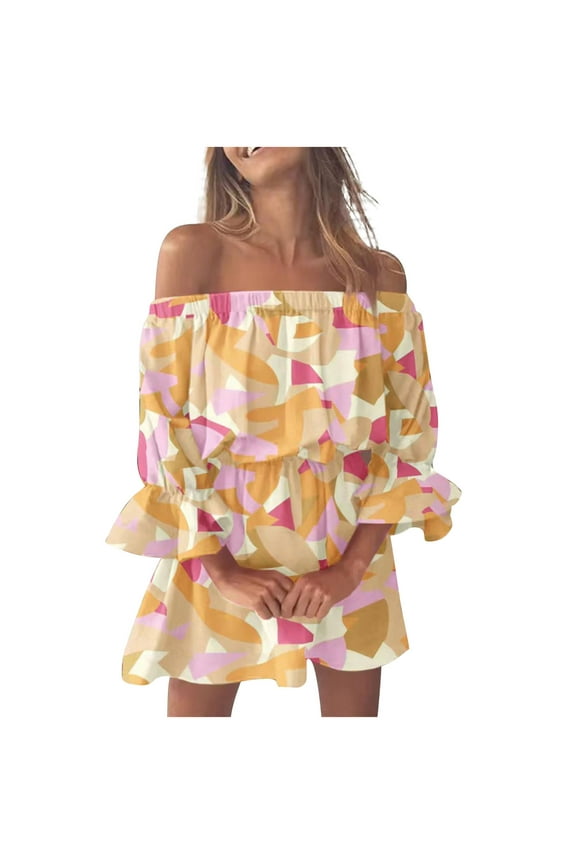 2025 ItemsUnder $5asdoklhq Juniors Plus Dresses & Rompers, Women's Summer Casual Off Shoulder Printing Bell Sleeve Dresses