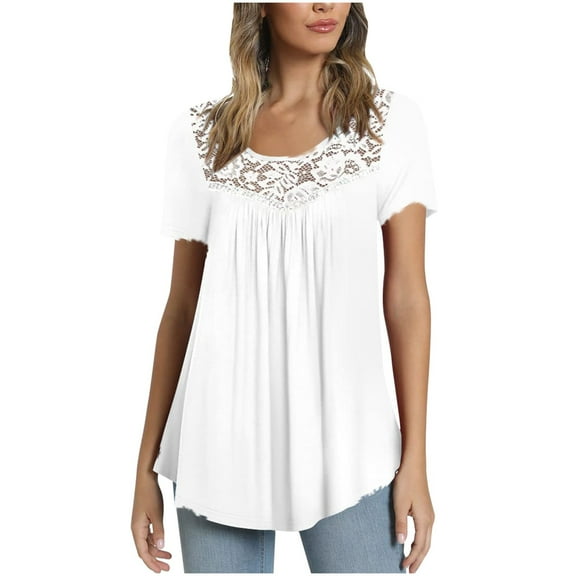 2026 Items under $5 asdoklhq Juniors Plus Tops & T-Shirts,Women's Lace Patchwork Printed Round Neck Short Blouse Tops