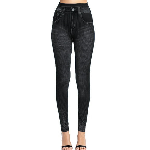 2025 Clearance Items under $5 asdoklhq Women's Plus Size Pants,Vertical Stripe Imitation Denim Leggings Show Thin Buttock Raising Capris