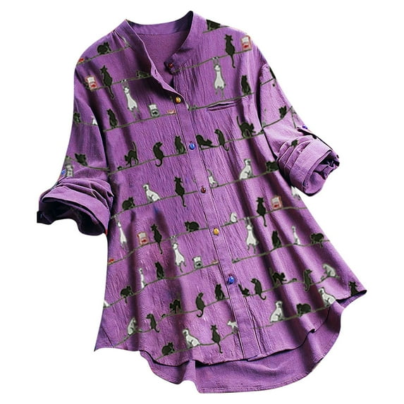 2026 Items under $5 asdoklhq Womens Plus Size Tops,Women Casual Cat Print Long Sleeve O-Neck Button Loose Shirt Top Blouse