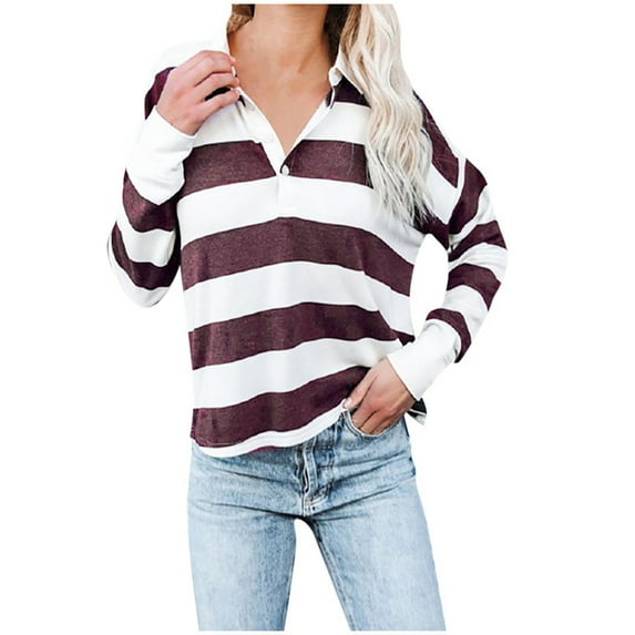 2026 Items under $5 asdoklhq Womens Plus Size Tops,Women Classic Long Sleeves Striped Print Lapel Button Long Sleeve Top T-shirt