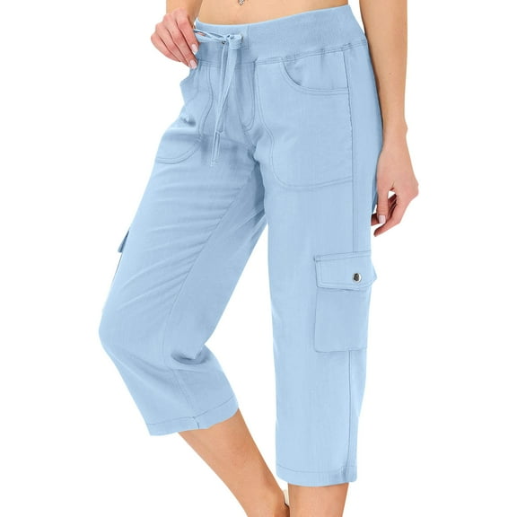 Sky Blue Cargo Capris for Women Casual Drawstring Capris Pants with Pockets Summer Plus Size Capri Hiking Pants Cargo Pant 2XL
