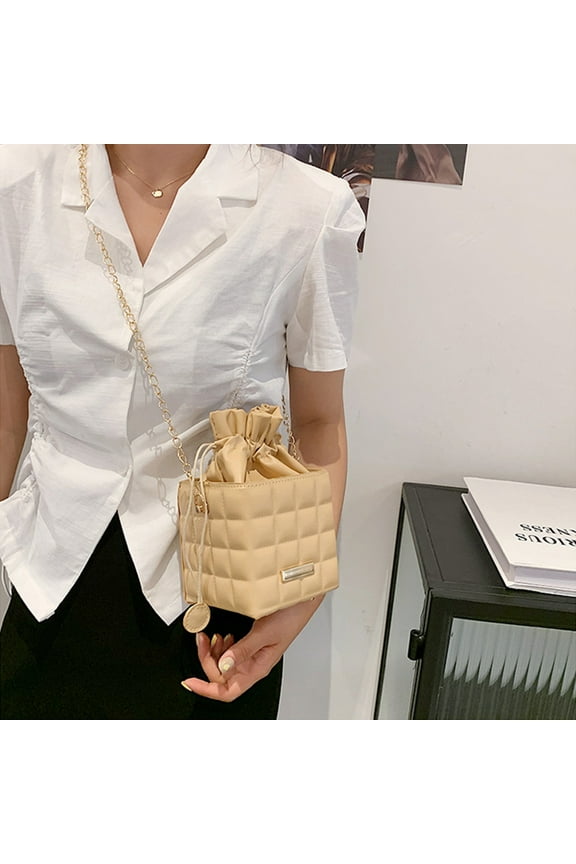 Women Leather Checker Pattern Drawstring Chain Shoulder Crossbody Messenger Bag Casual Ladies Solid Color Small Purse , Khaki