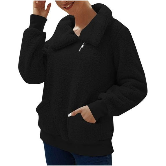 Sale YUGYXL Winter Clothes for Women Trendy Lapel Fuzzy Fleece Sweatshirt Faux Shearling Zipper Warm Sherpa Pullover Outwear With Pockets Black,L