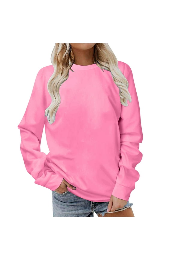 Sale YUGYXL Women's Casual Crew Neck Sweatshirt Long Sleeve Thin Fleece Pullover Tops Loose Fit Solid Color Sweatshirts Fall Fashion Outfits Clothes Pink,XXL