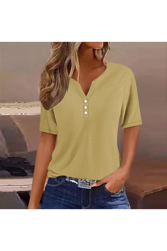2025 Under 10 Dollars, Summer Tops for Women 2025 Button V Neck Boho Short Sleeve Ribbed Shirts Casual Loose Comfy Tunic Trendy Pullover