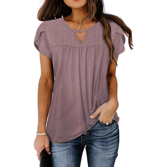 2025 Under 10 Dollars, Women's Petal Short Sleeve Shirts Cute Summer Tops Pleated Key Hole Loose Hollow Blouses