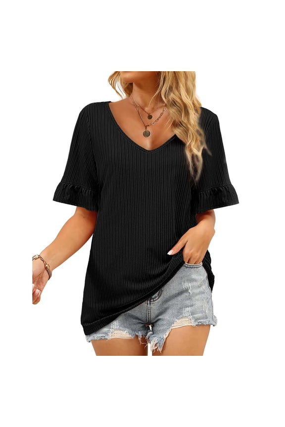 2025 Under 10 Dollars, Women's Shirts Casual V Neck Short Sleeve Tops Loose Basic Plain Textured Tee T-Shirt