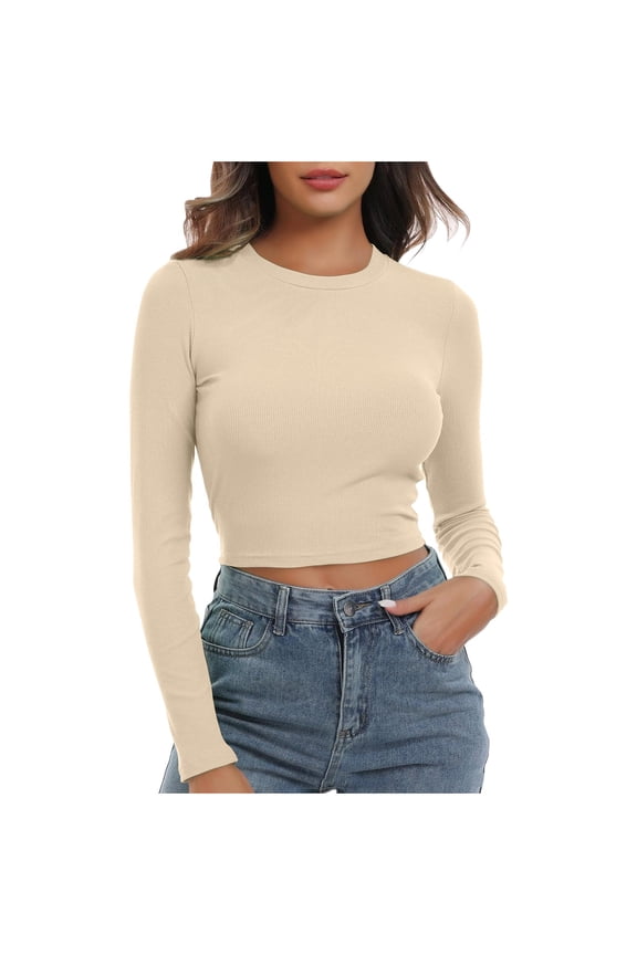 2025 Under 10 Dollars, Womens Long Sleeve Ribbed Crop Tops Fitted Casual Basic Tops