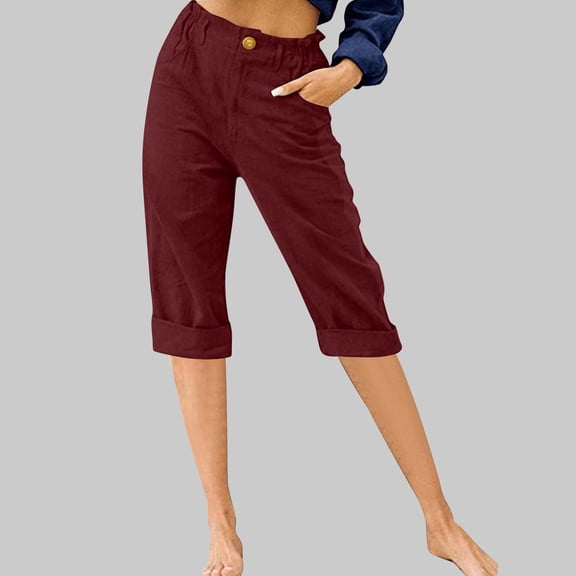2025 Clearance, Women Capri Pants 2025 Linen Buttons Cropped Pants High Waisted Lounge Capris Summer Casual Sweatpants with Pockets