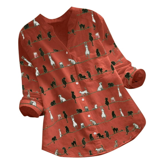 2026 ! Womens asdoklhq Long Sleeve T Shirts for Women,Women Casual Cat Print Long Sleeve V-Neck Button Loose Shirt Top Blouse